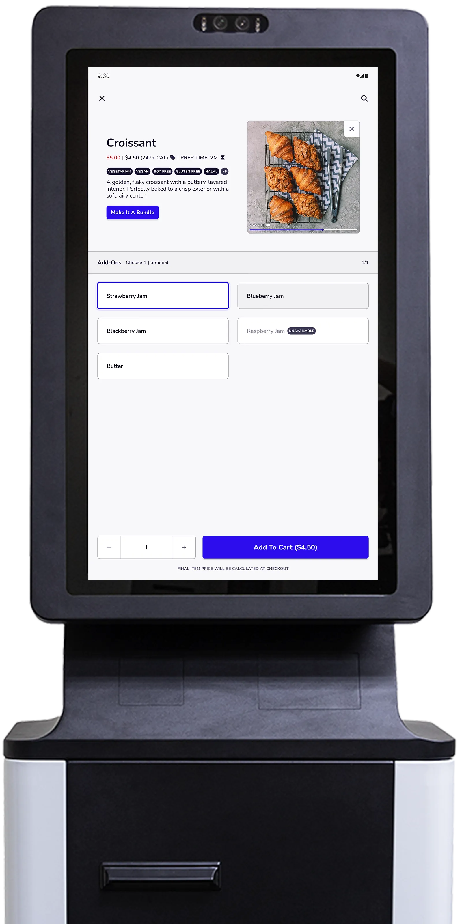 YQueue kiosk item customisation screen shown on a self-service kiosk