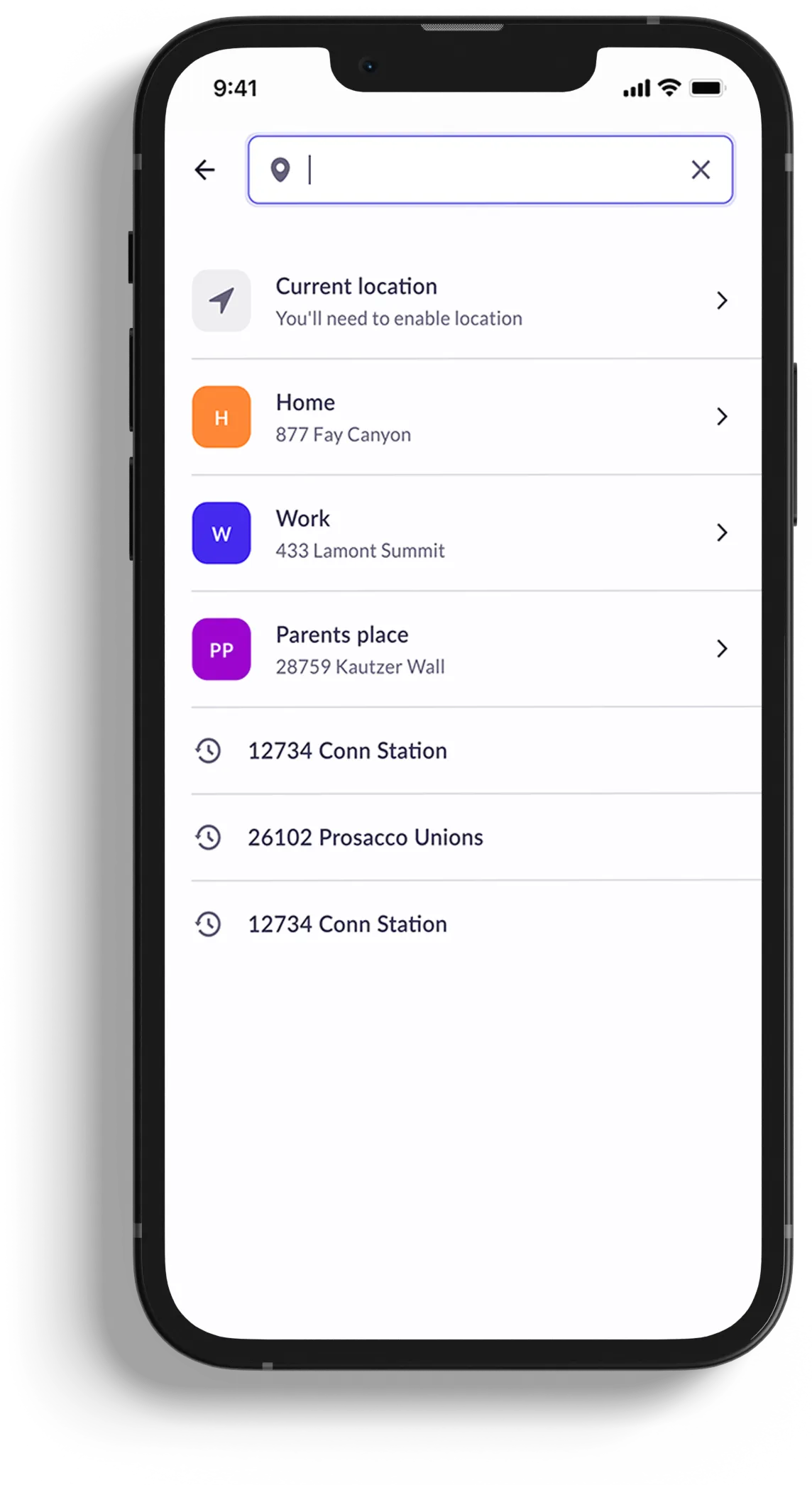 Mobile address search screen