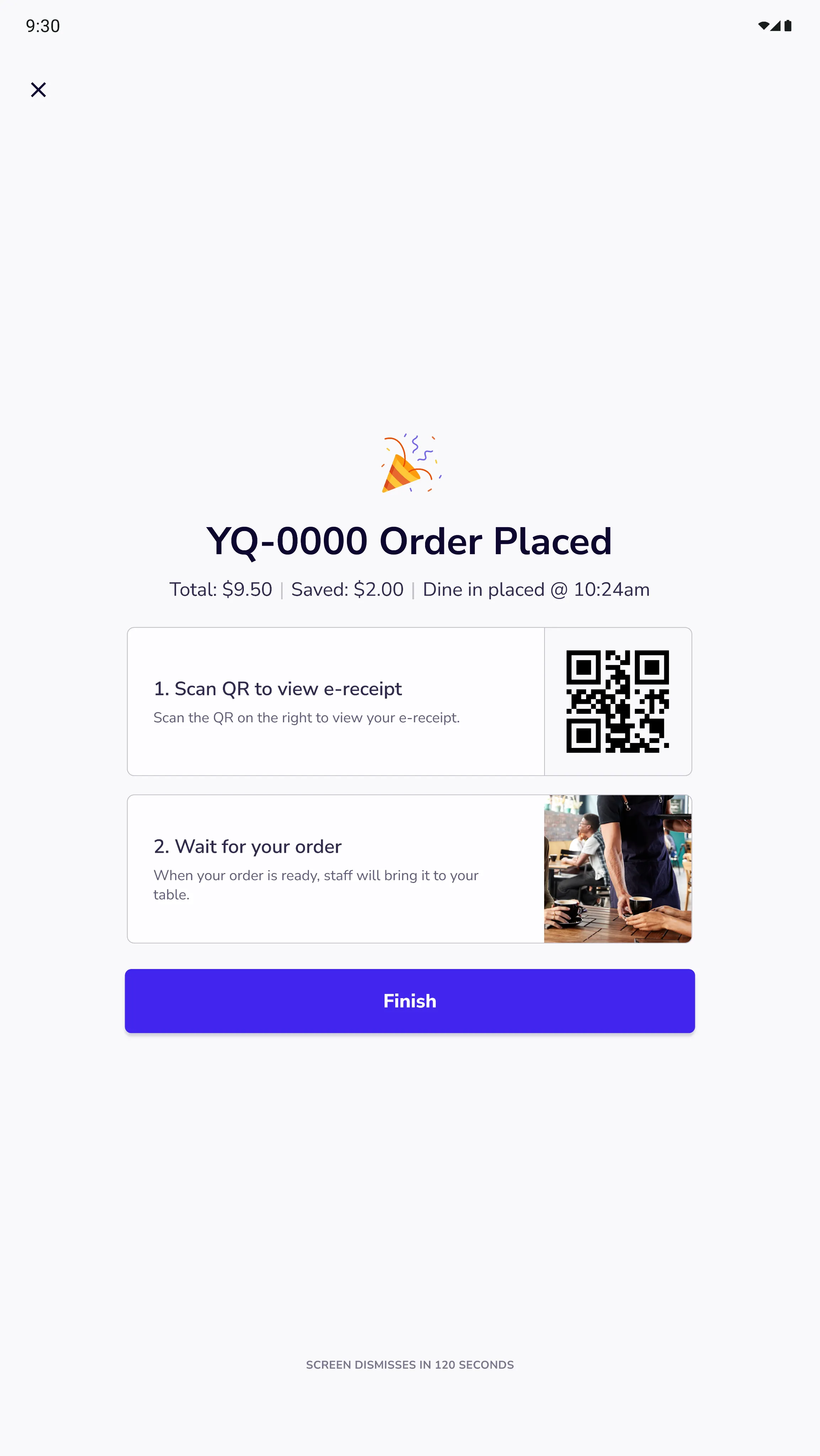 Kiosk order confirmation screen