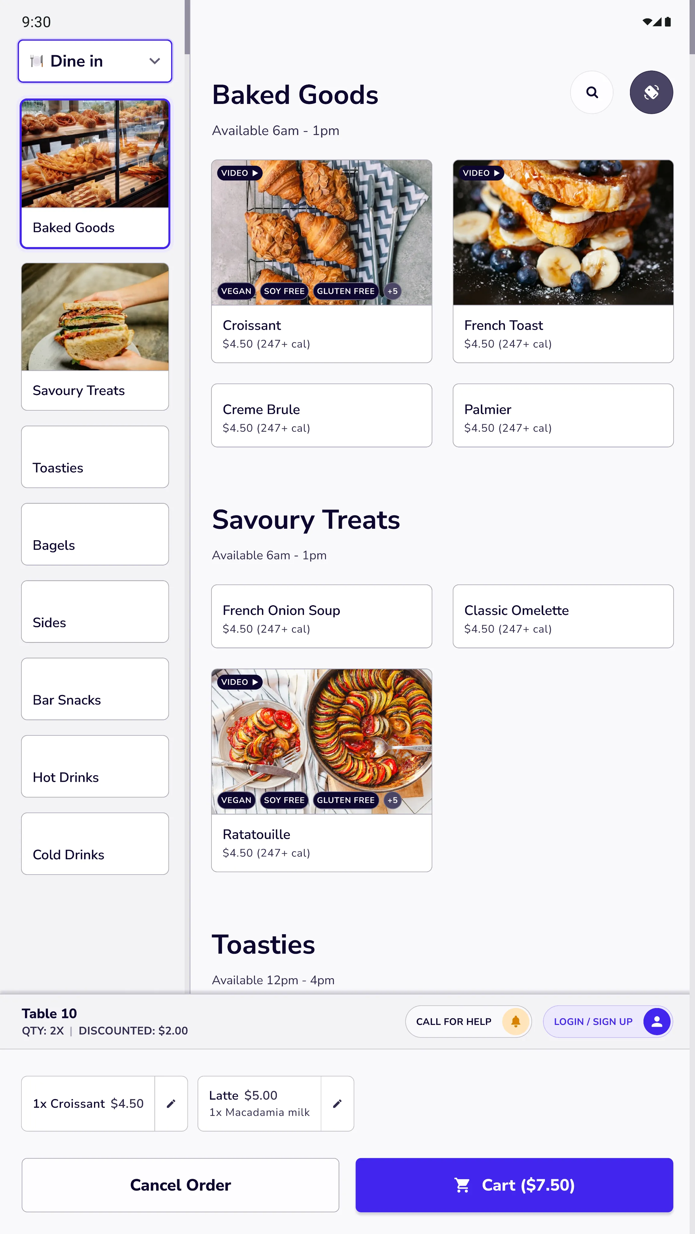 Kiosk menu screen