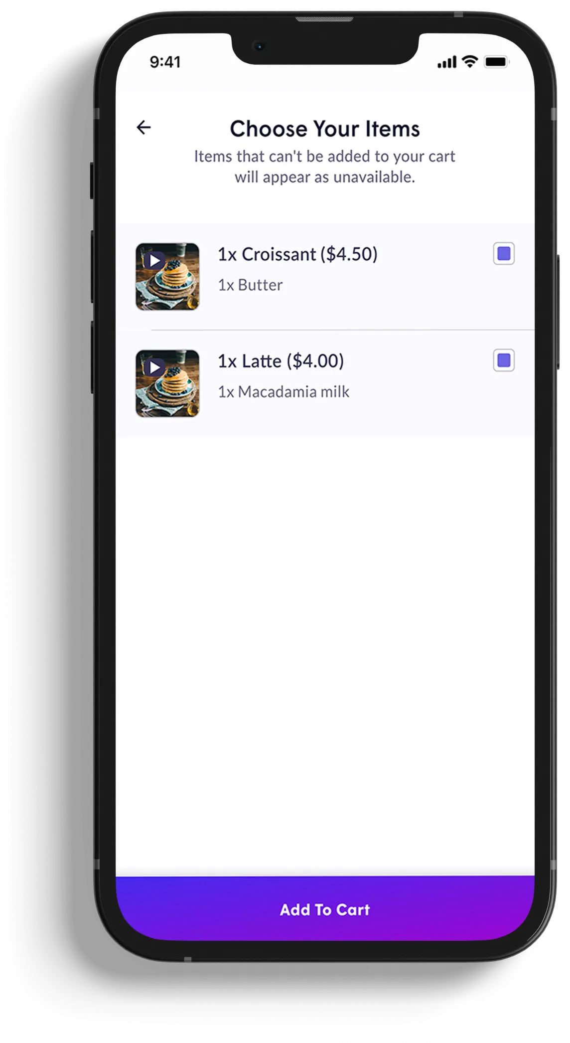 Mobile Order Again item selection screen