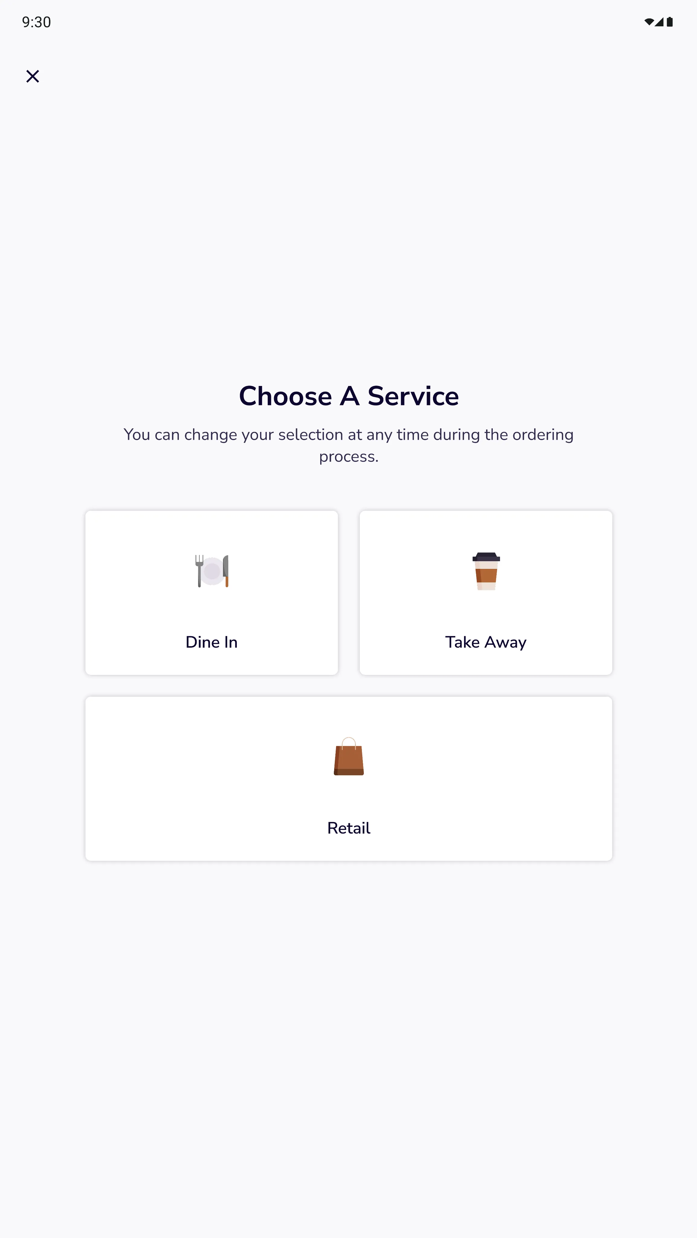 Kiosk service selection screen