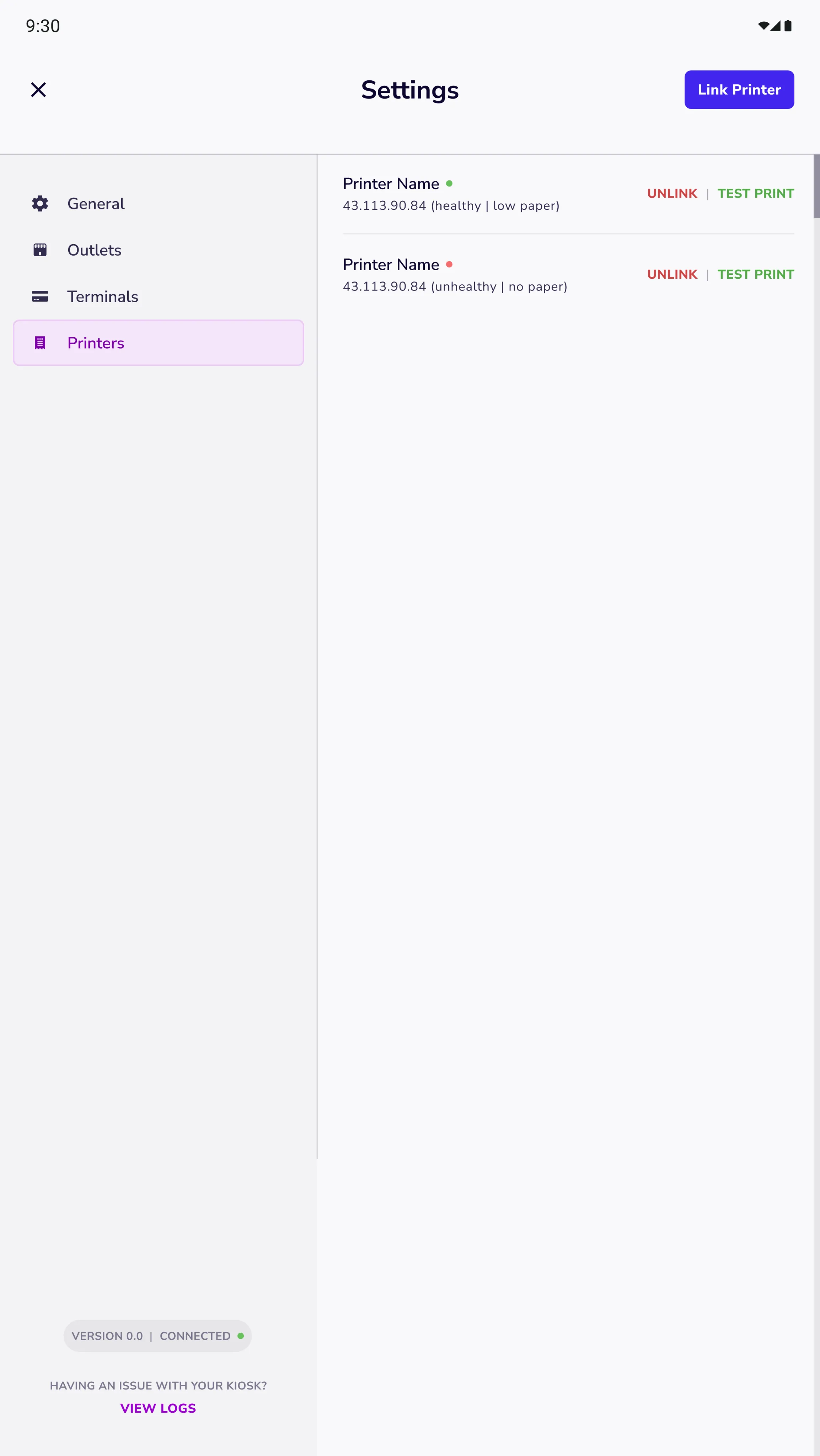 Kiosk settings screen